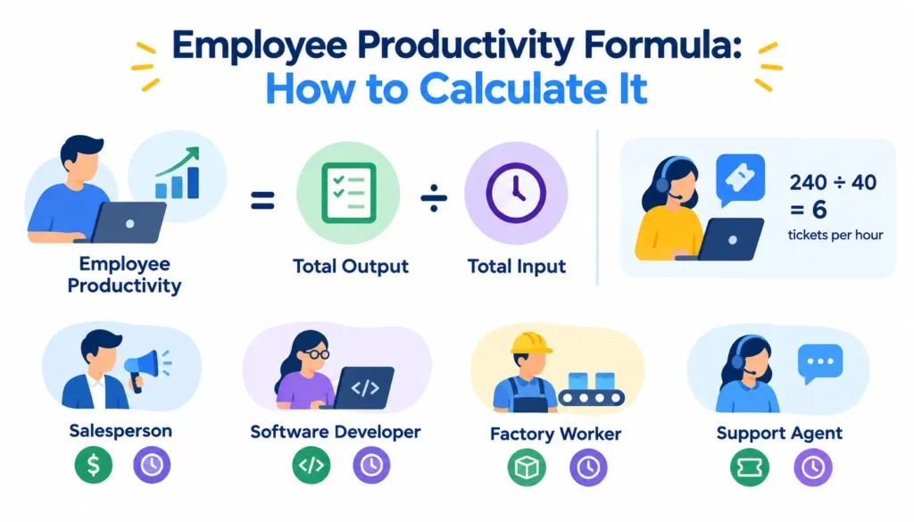 Infographic showing common employee productivity measurement mistakes, including focusing on hours or activity instead of results, ignoring quality and workload complexity, using the same metrics for different roles, changing formulas, setting unrealistic targets, relying on monitoring data, and using headcount instead of hours worked.