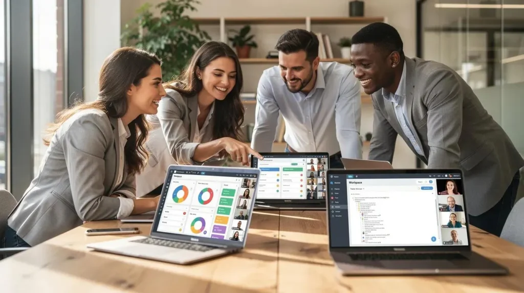Productivity software showing task management, calendar scheduling, and project tracking features.