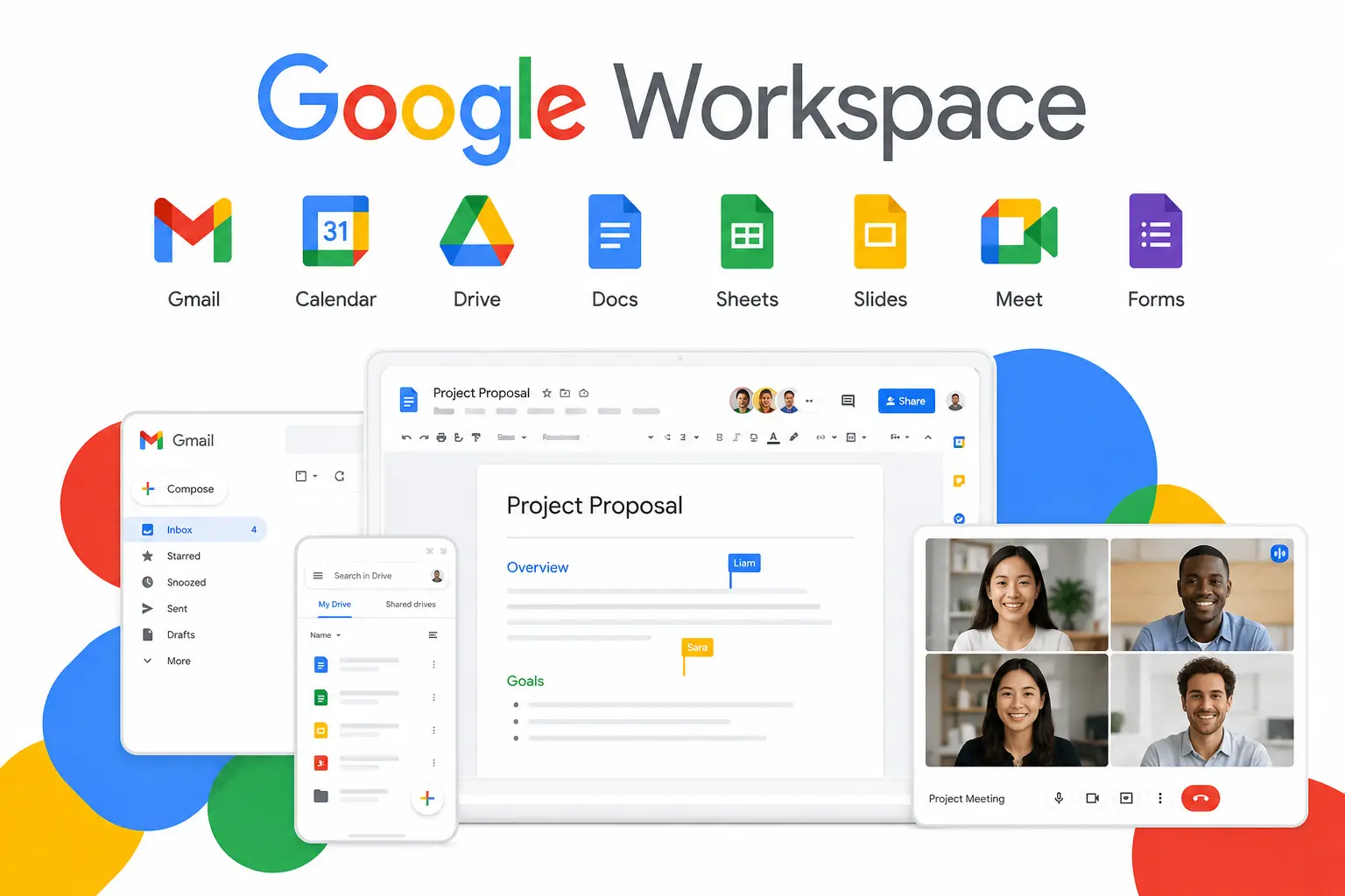 Google Workspace interface displaying Gmail, Drive, Docs, Sheets, Meet, and collaborative tools for cloud-based productivity and teamwork.