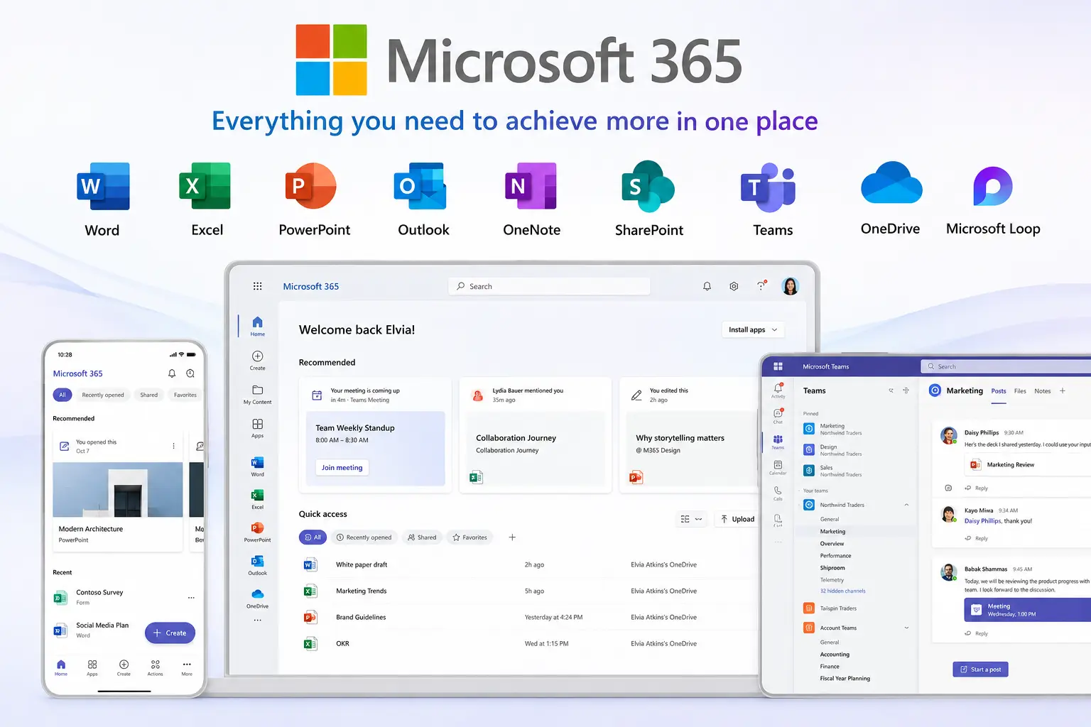 Microsoft 365 dashboard showcasing Word, Excel, PowerPoint, Teams, OneDrive, and collaboration tools for productivity and teamwork.