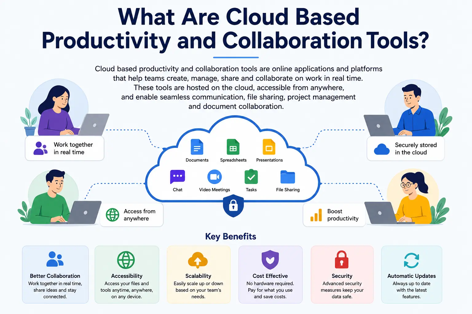 Cloud-based productivity and collaboration tools enabling remote teamwork, file sharing, communication, and real-time collaboration.