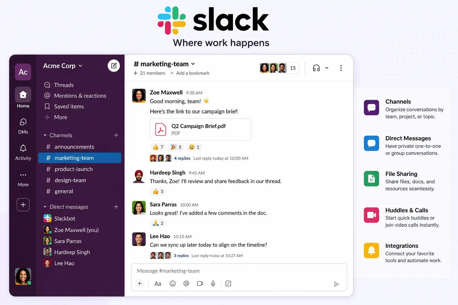 Slack workspace interface showing team communication, channels, direct messages, file sharing, and collaboration features.