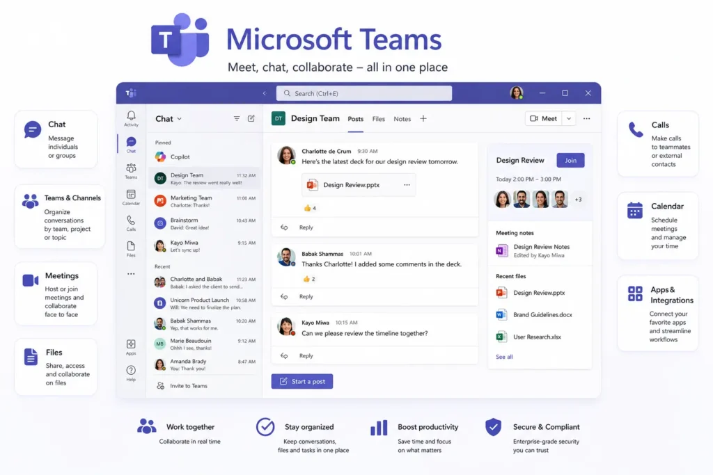 Microsoft Teams interface displaying team chat, video meetings, file sharing, channels, and collaboration tools for workplace productivity.