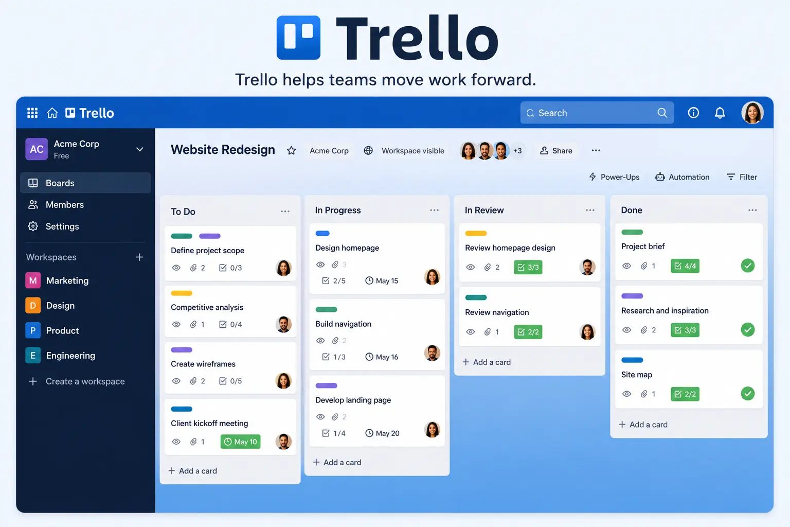 Trello Kanban board displaying task management, project tracking, workflow organization, team collaboration, and productivity planning features.