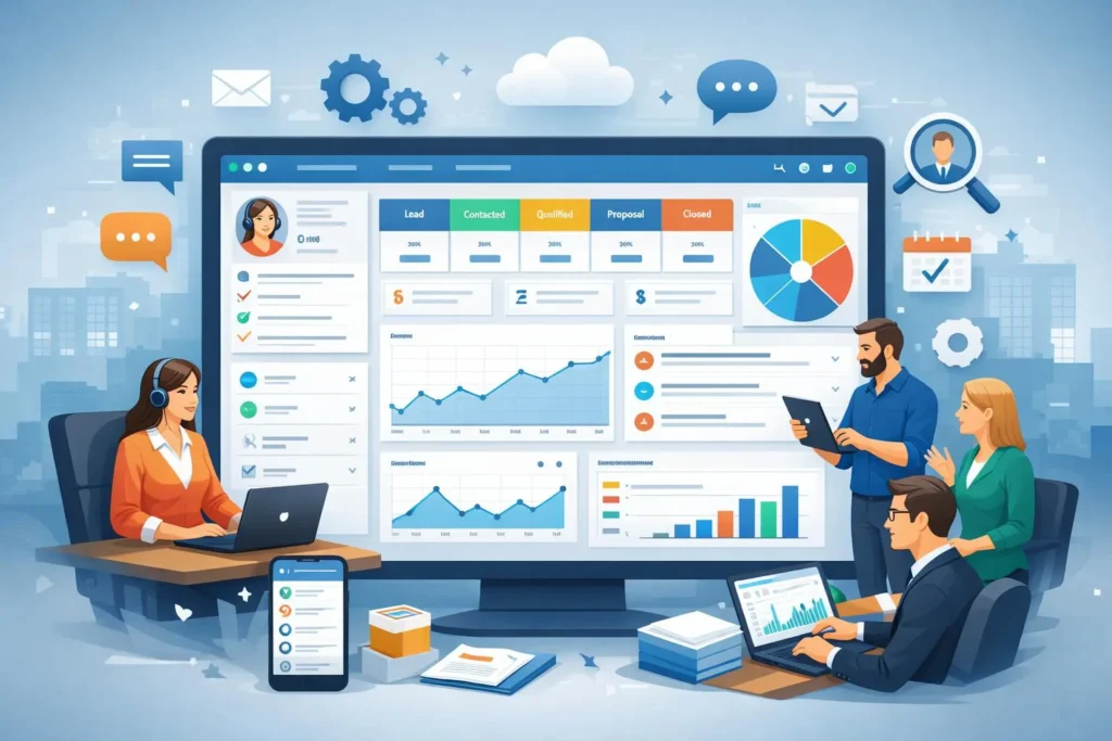 Dashboard showing sales productivity tools with CRM, task management, and analytics.