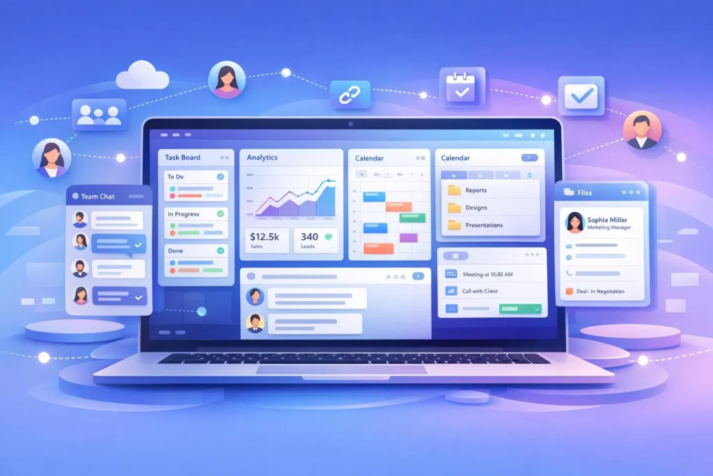 Productivity software dashboard displaying task management, collaboration, and workflow tools.