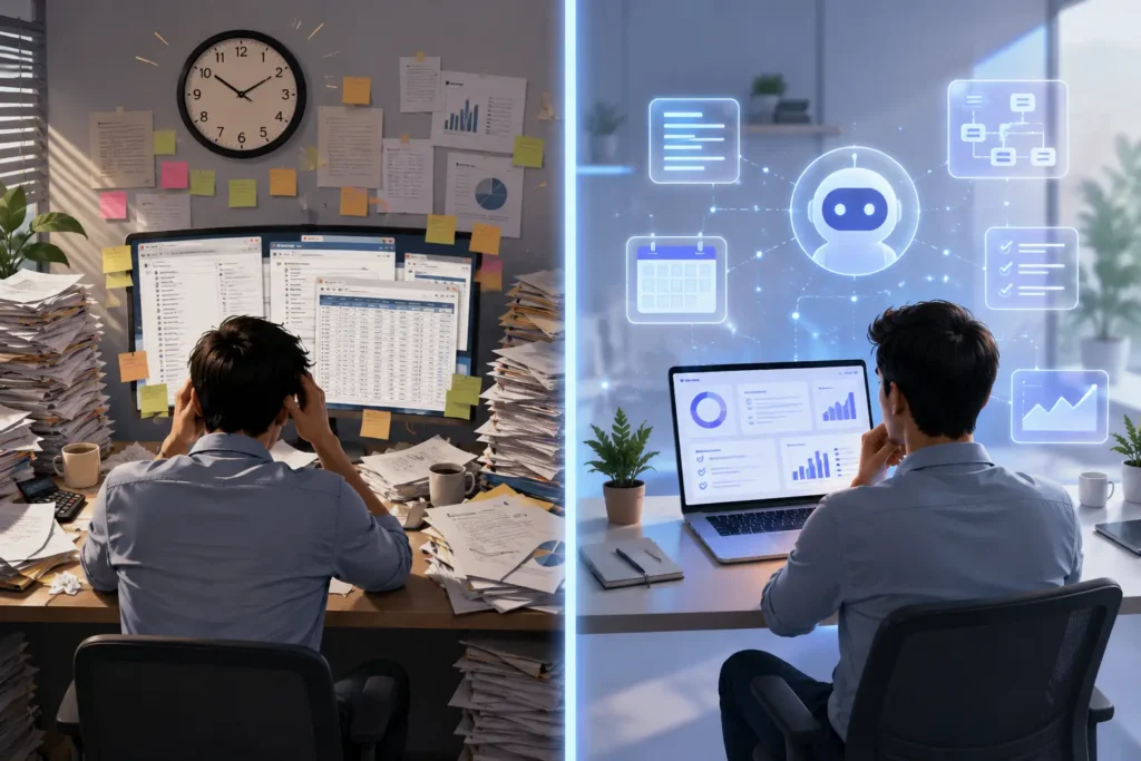 Comparison of traditional work and AI-powered productivity
