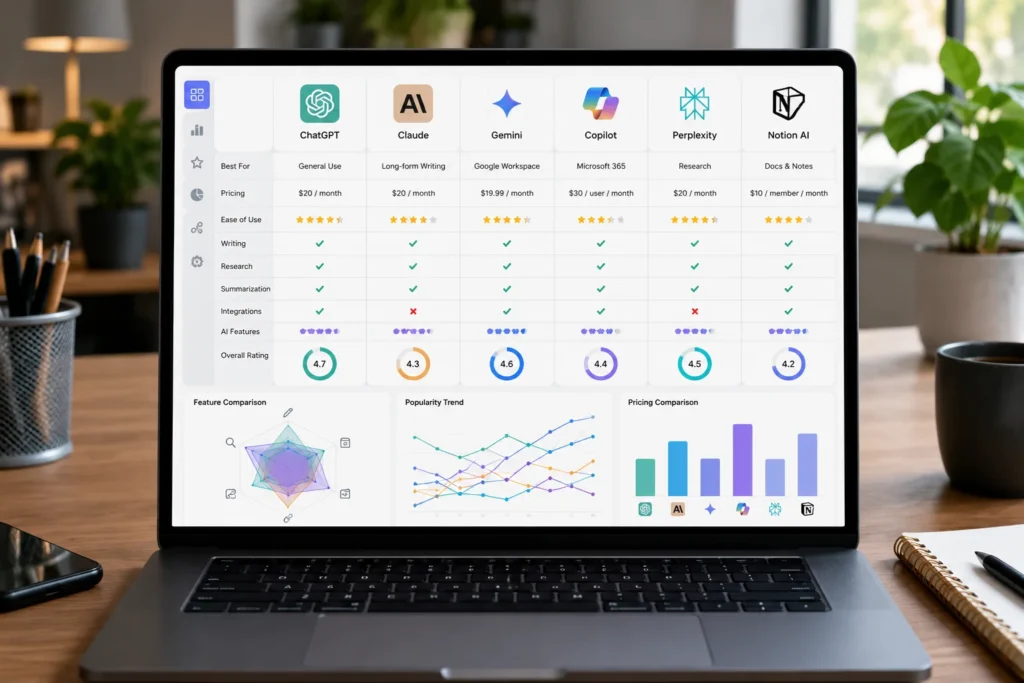 Comparison dashboard of the best AI productivity tools