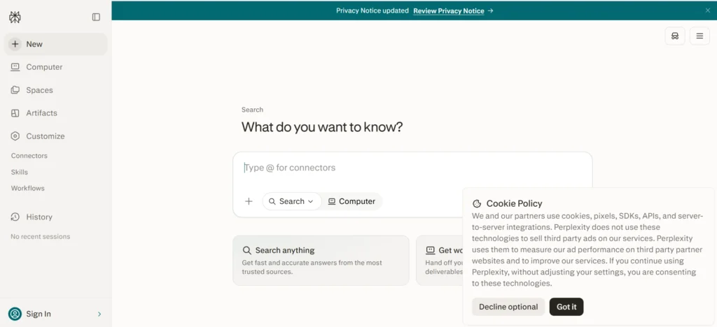 Home page of Perplexity AI