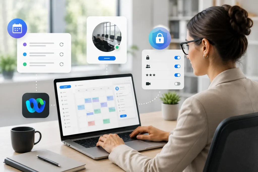 Professional managing recurring Webex meetings, calendar schedules, Personal Room, and secure meeting settings on a laptop