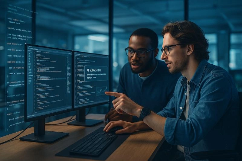 Developers reviewing code together with AI suggestions on dual monitors.