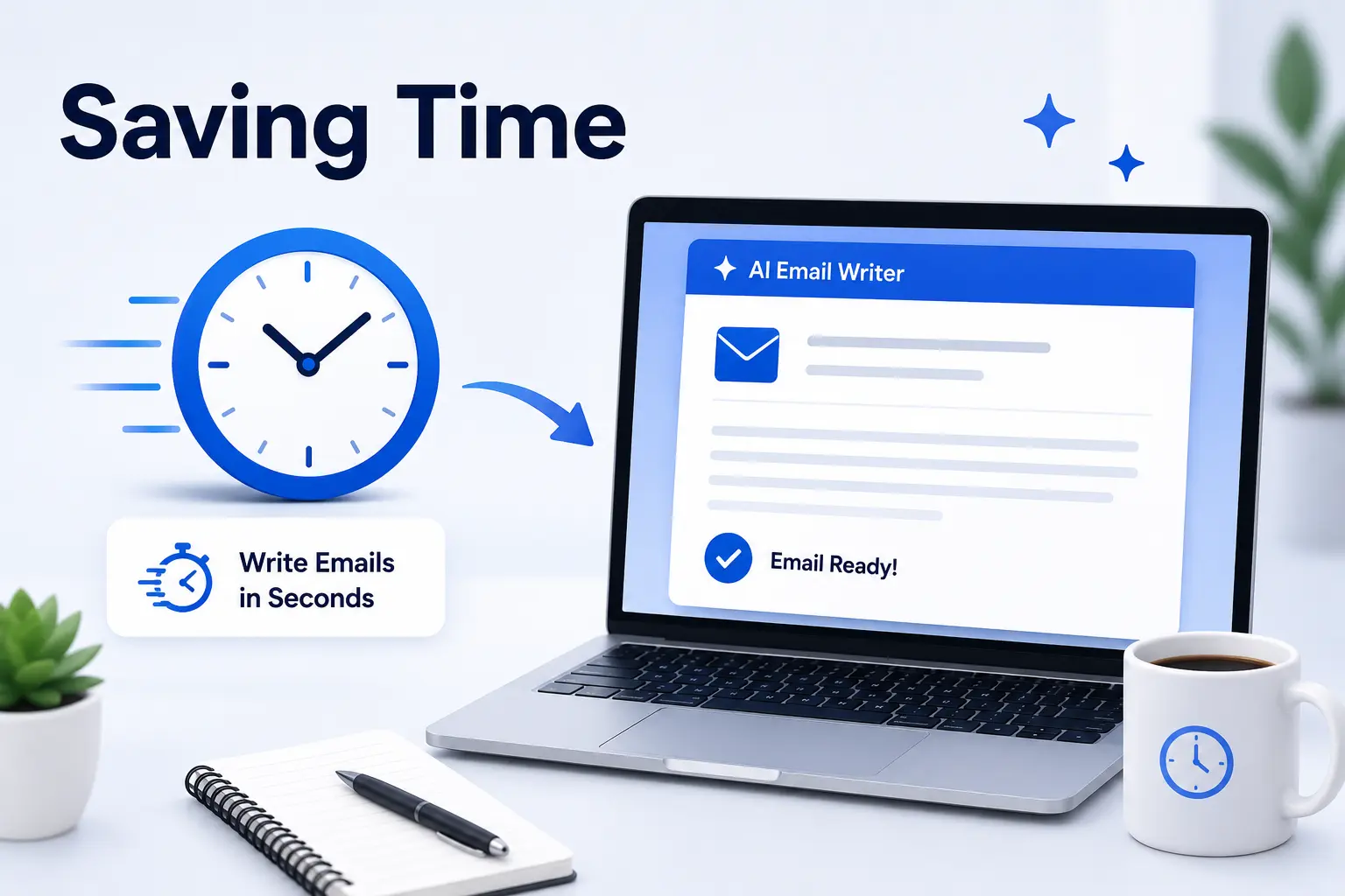 AI email writer saving time by creating emails quickly on a laptop.
