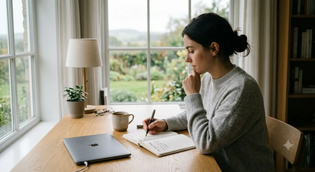 A young woman sits thoughtfully at a minimalist wooden desk in a brightly lit room next to a large window. She holds a fountain pen above an open notebook, contemplating her priorities before starting her workday. A closed laptop, a warm mug, a small potted plant, and a desk lamp sit nearby, creating a calm and focused atmosphere.