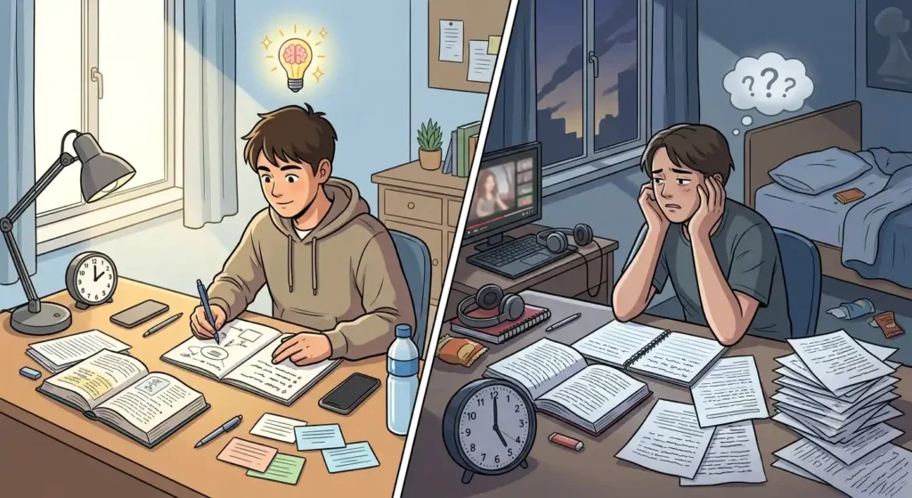 A split-screen illustration contrasting two studying environments.