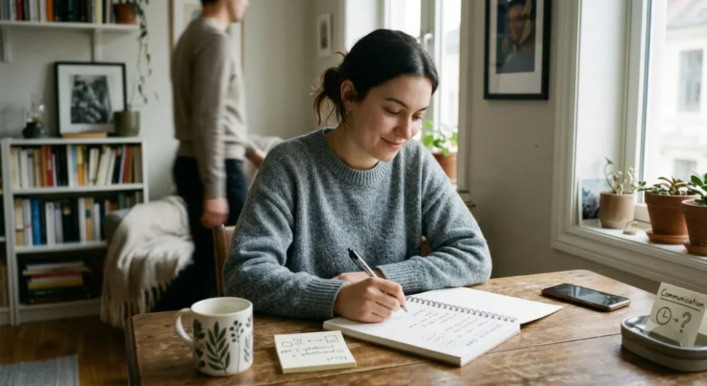 A young woman in a grey sweater sits contentedly at a wooden desk, writing in a spiral notebook. On the desk around her are sticky notes with diagrams, a coffee mug, and a smartphone. In the blurred background, another person walks past a bookshelf in a cozy, sunlit room.
