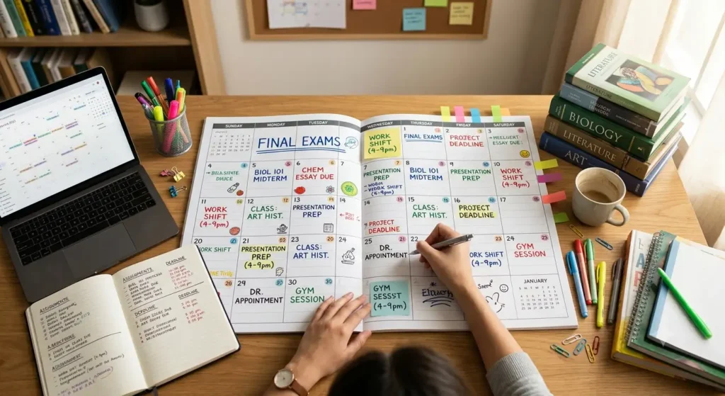 An overhead view of an organized wooden desk set up for schedule planning. In the center, a person uses a pen to write in a large, open monthly paper planner filled with color-coded entries, sticky notes, and highlighted dates for exams, work shifts, and deadlines. To the left, a laptop displays a digital calendar interface mirroring the schedule, alongside an open notebook. Books, highlighters, paperclips, and a mug of coffee frame the edges of the workspace.