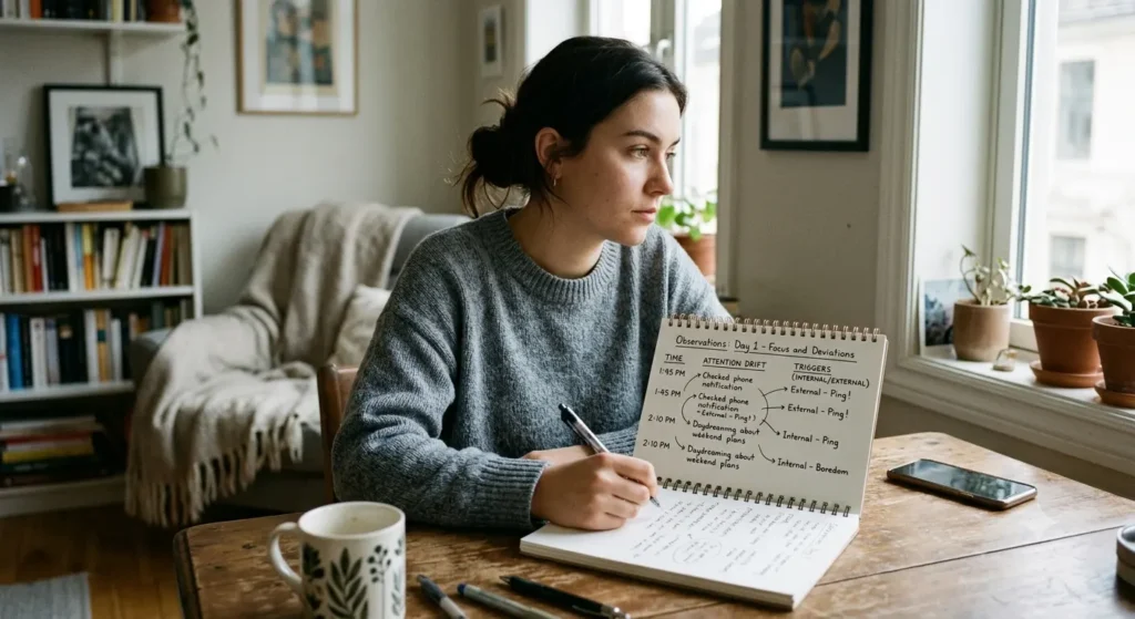 A young woman sitting at a wooden desk near a window, attentively jotting down notes in an open spiral notebook. The page in the notebook features handwritten observations, tracking focus deviations, times, and whether the distractions were internal or external. Next to her on the desk are pens, a smartphone lying face down, and a ceramic mug, with a cozy living room background.