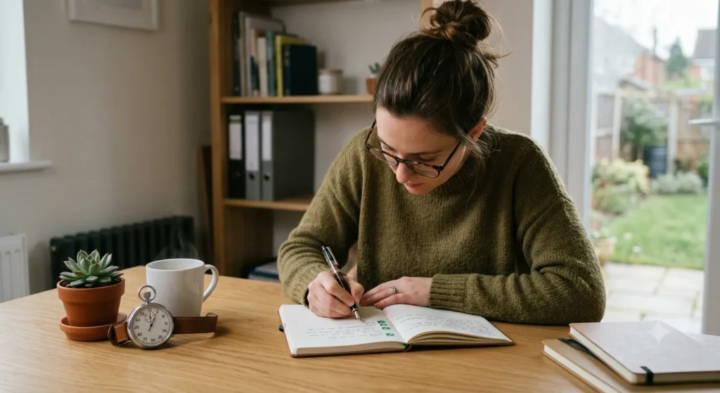 A woman writing in a planner at a desk with a coffee, succulent plant, and timer, creating a focused workspace.
