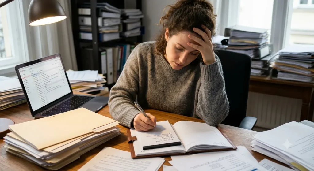 A person sits at a wooden desk overwhelmed by stacks of paperwork and files, resting her head on one hand while focusing on writing a single prioritized task in a planner. A laptop displaying emails sits open to the side.