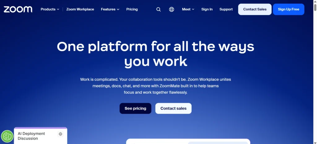 Home page of Zoom Workplace