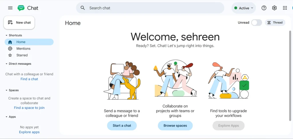 Home page of Google Chat