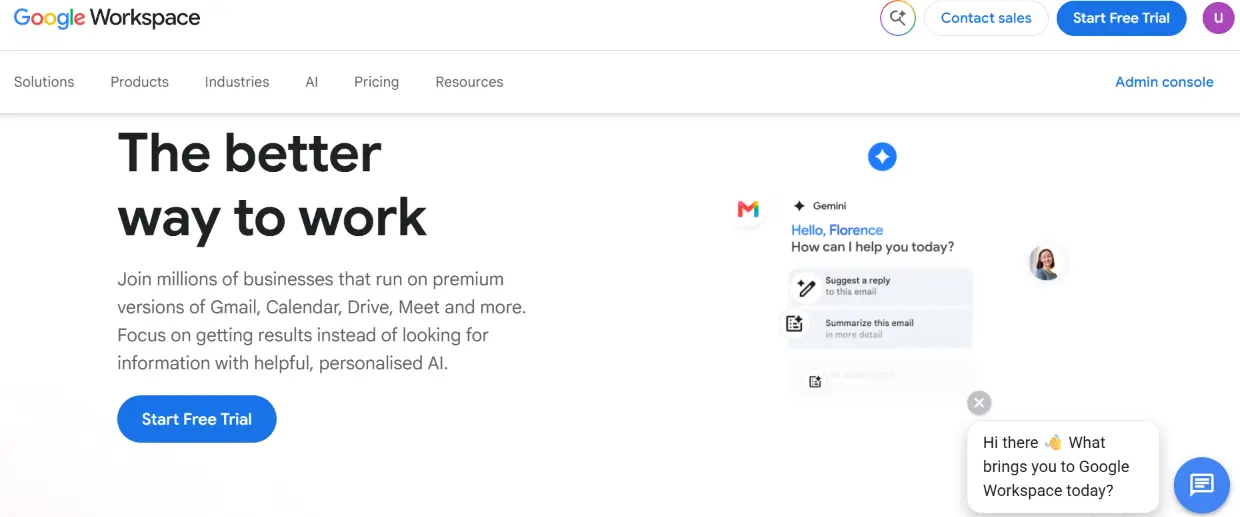 Google Workspace homepage showcasing cloud-based productivity apps including Gmail, Calendar, Drive, Meet, and Gemini AI.