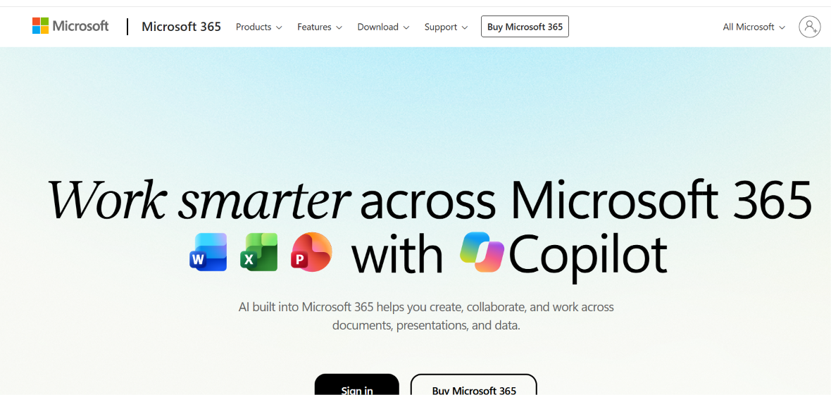 Microsoft 365 homepage featuring Word, Excel, PowerPoint, and Copilot with the message “Work smarter across Microsoft 365 with Copilot.”