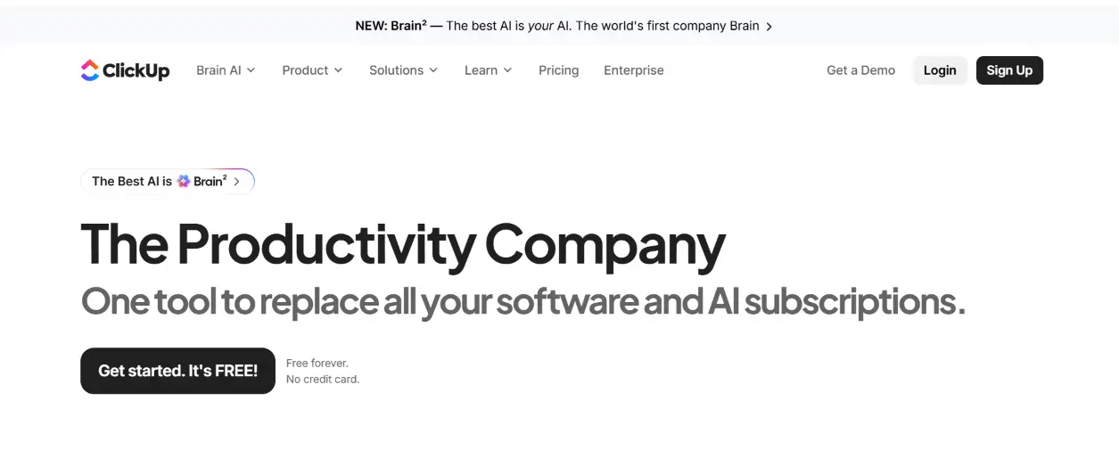 ClickUp productivity platform homepage featuring AI-powered productivity tools and all-in-one software management.