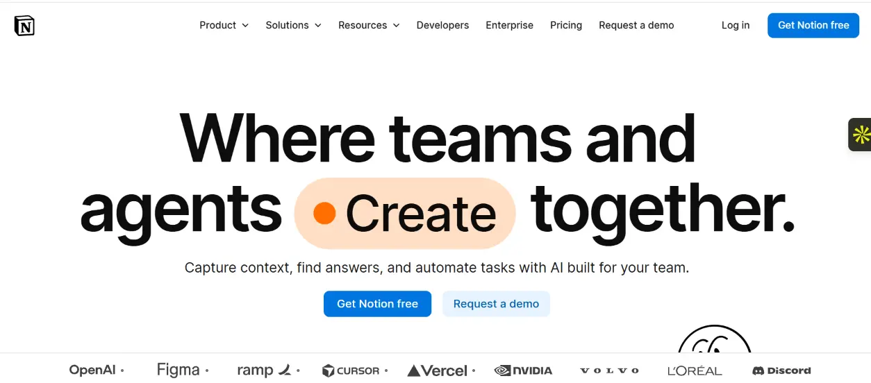 Notion productivity platform homepage showcasing AI-powered team collaboration and task automation.