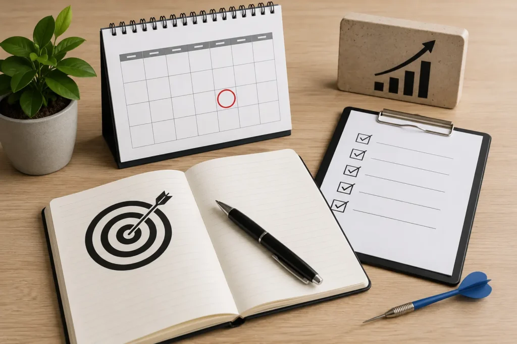 Goal-setting and daily planning workspace with a calendar, checklist, notebook, and target symbol.