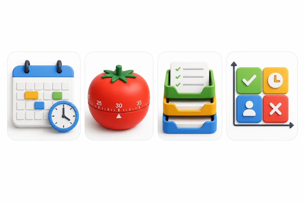 Four icons representing time-management methods: calendar, Pomodoro timer, task organization, and priority matrix.