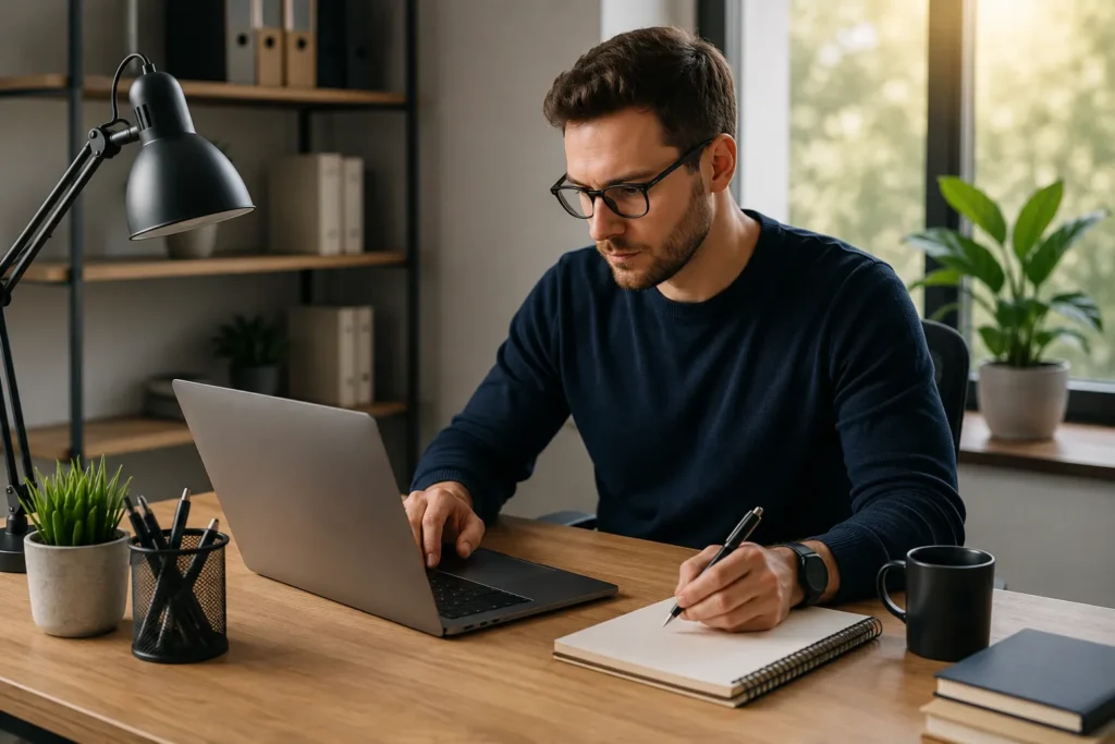 A professional focused on high-value work at a laptop and notebook in a modern office.