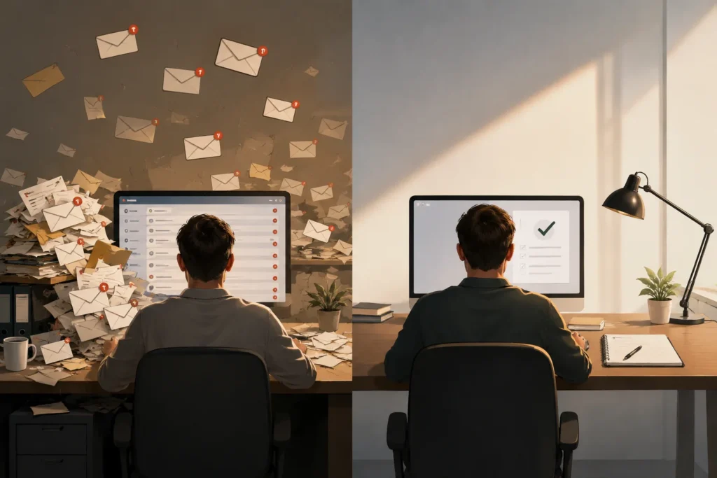 Split workspace showing email overload versus focused, organized work.