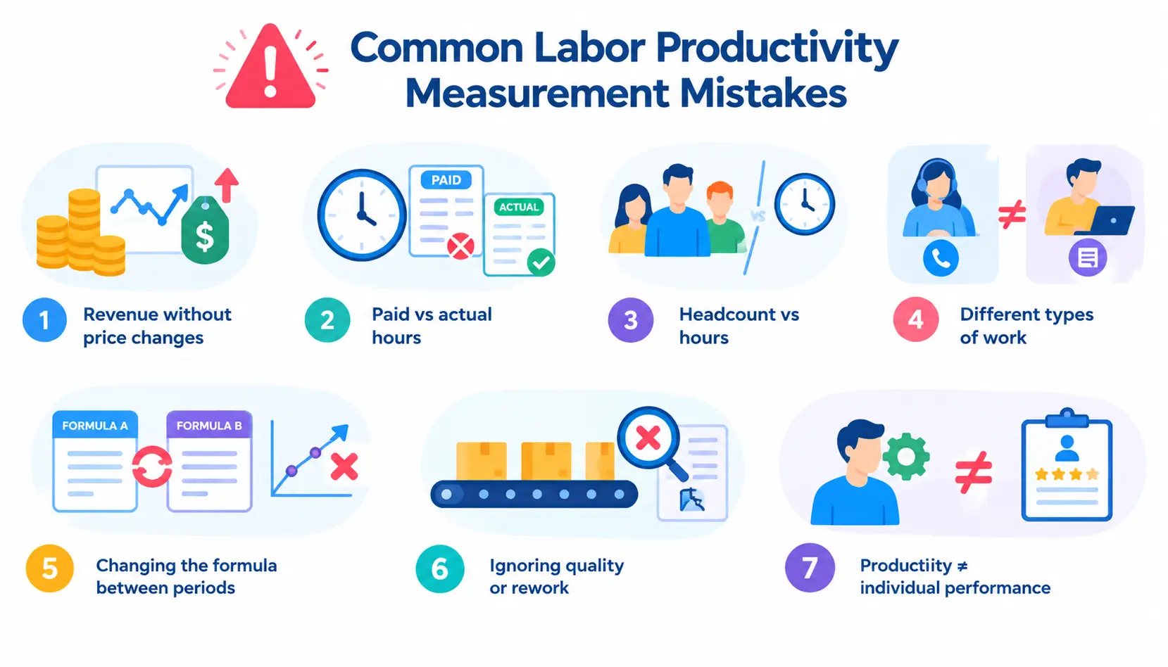 Infographic showing common labor productivity measurement mistakes, including ignoring price changes, mixing paid and actual hours, using headcount instead of hours, comparing different work, changing formulas, ignoring quality, and confusing productivity with individual performance.