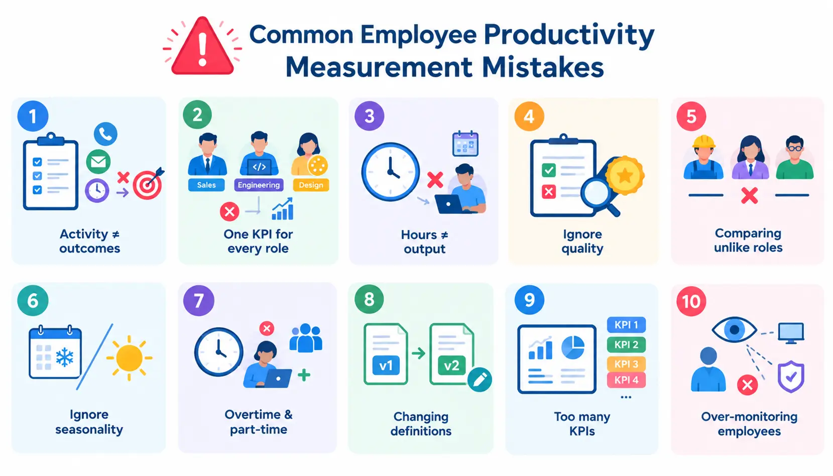 Infographic showing common employee productivity measurement mistakes, including confusing activity with outcomes, using one KPI for every role, ignoring quality and seasonality, comparing unlike roles, tracking too many KPIs, and over-monitoring employees.
