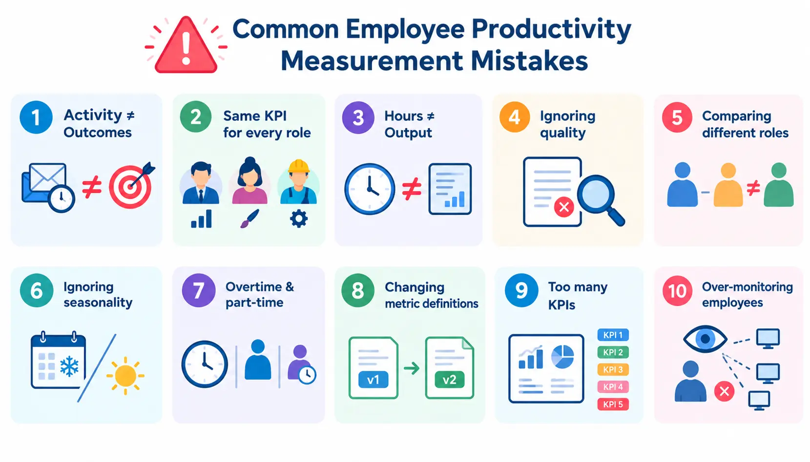 Infographic showing common employee productivity measurement mistakes, including measuring activity instead of outcomes, using the same KPI for every role, ignoring quality and seasonality, changing metrics, using too many KPIs, and over-monitoring employees.
