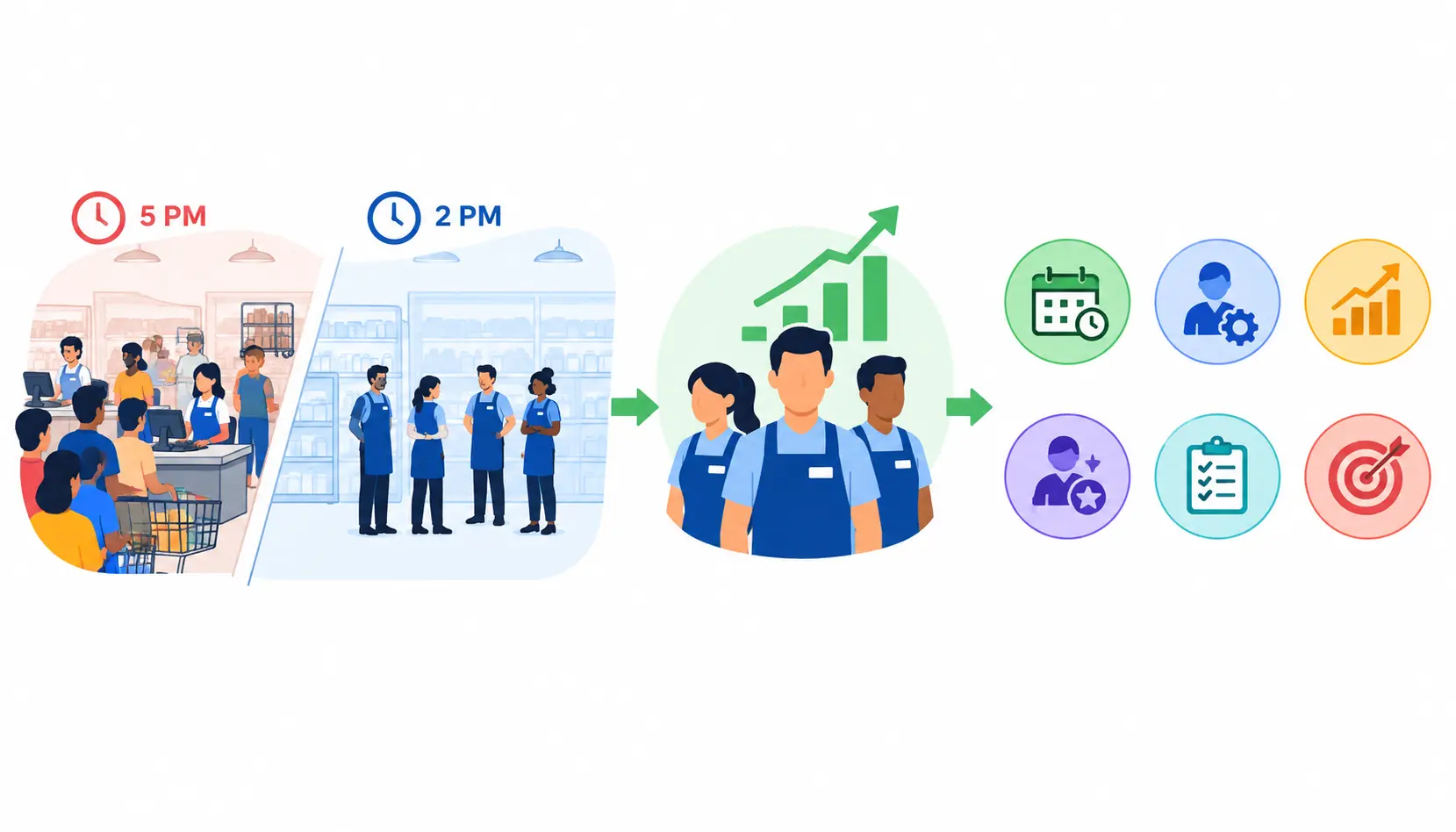 Retail workforce productivity infographic showing a busy store at 5 PM compared with a quiet store at 2 PM, highlighting smarter staff scheduling, improved team performance, task management, and increased productivity.