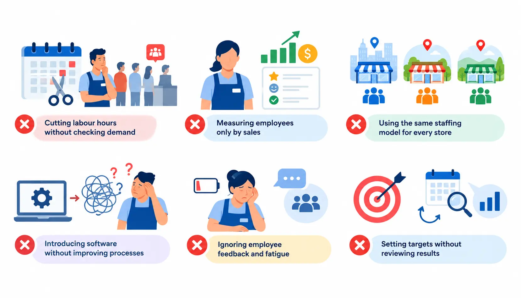 Infographic highlighting six common retail workforce optimization mistakes, including cutting labour hours without checking demand, measuring employees only by sales, using the same staffing model for every store, introducing software without improving processes, ignoring employee feedback and fatigue, and failing to review targets